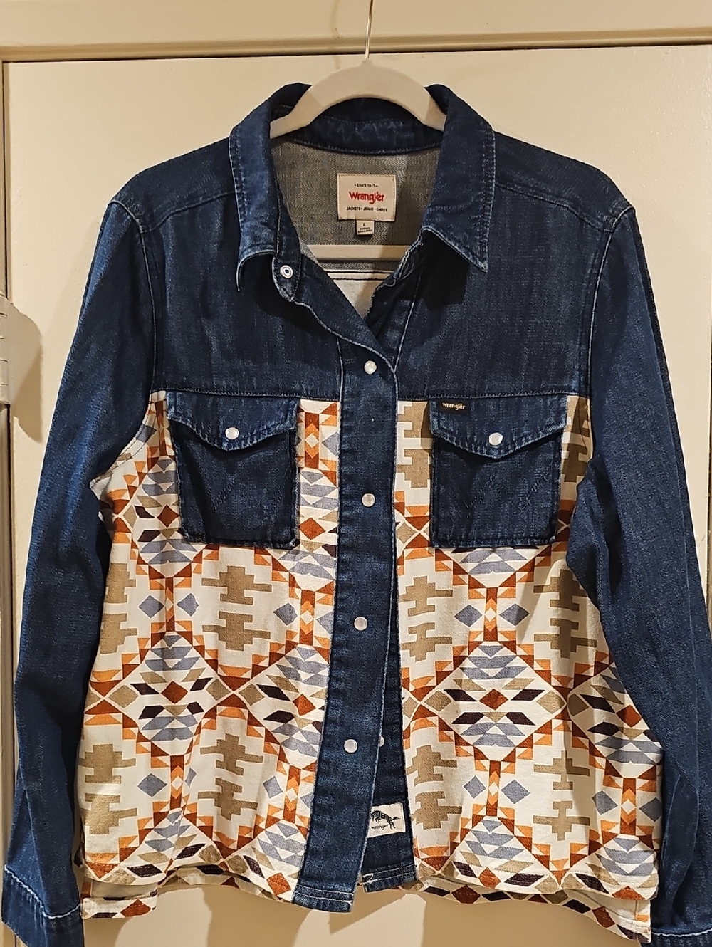 Wrangler Denim Jacket with Cream, Rust Orange & Slate Blue Geometric Panels